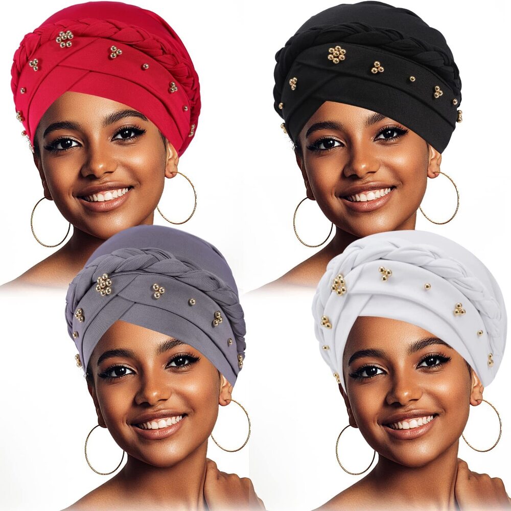 5088 4 Pack Turban Cap Beaded Headscarf Beanie African Braid Turban Cap